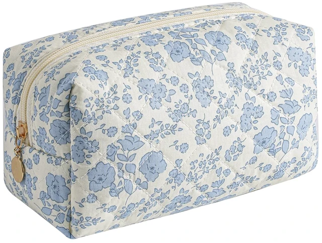 Main image of Makeup Bag Travel Cosmetic Bag for Women Girls, Zipper Make Up Pouch, Floral Flowers Toiletry Organizer Makeup, Portable Storage Cosmetic Travel Cloth Bag (Blue Floral)
