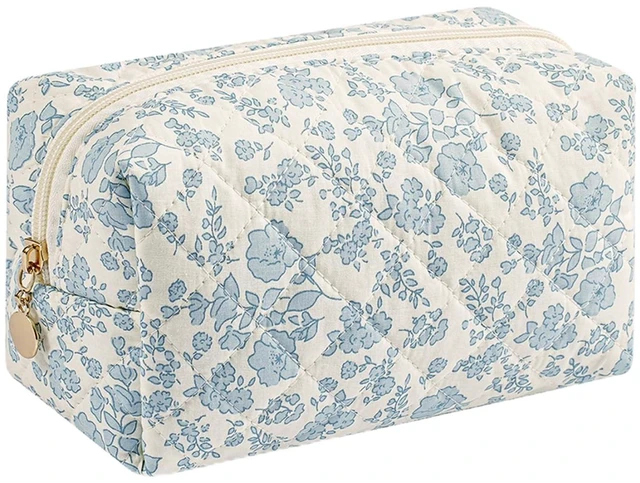 Main image of Cute Floral Makeup Bag, Blue Floral | Small, Cotton Quilted, Aesthetic Essential Bag, Emergency Bag, Gift for Women Girls Travel Accessories