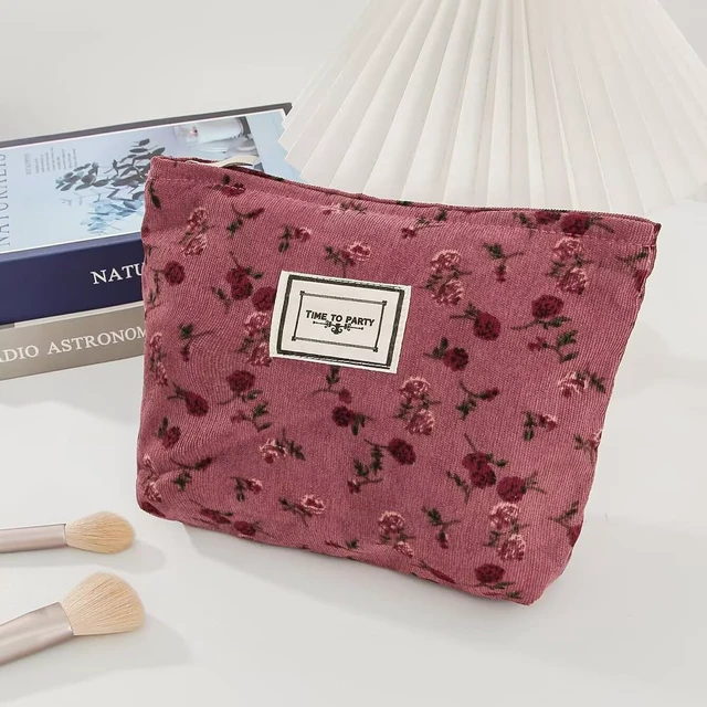 Alt view image 2 of 7 - Cosmetic Bags for Women, Large Floral Makeup Bag for Purse, Dark Red Rose | Travel Toiletry Zipper Canvas Pouch, Bag Organizer for Travel Essentials, Make Up Brushes Storage, Purse Organizer Pouches