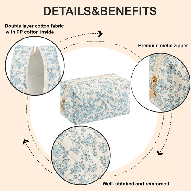 Alt view image 4 of 7 - Cute Floral Makeup Bag, Blue Floral | Small, Cotton Quilted, Aesthetic Essential Bag, Emergency Bag, Gift for Women Girls Travel Accessories