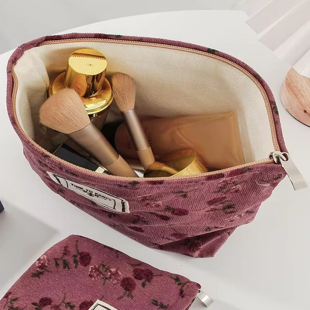 Alt view image 3 of 7 - Cosmetic Bags for Women, Large Floral Makeup Bag for Purse, Dark Red Rose | Travel Toiletry Zipper Canvas Pouch, Bag Organizer for Travel Essentials, Make Up Brushes Storage, Purse Organizer Pouches