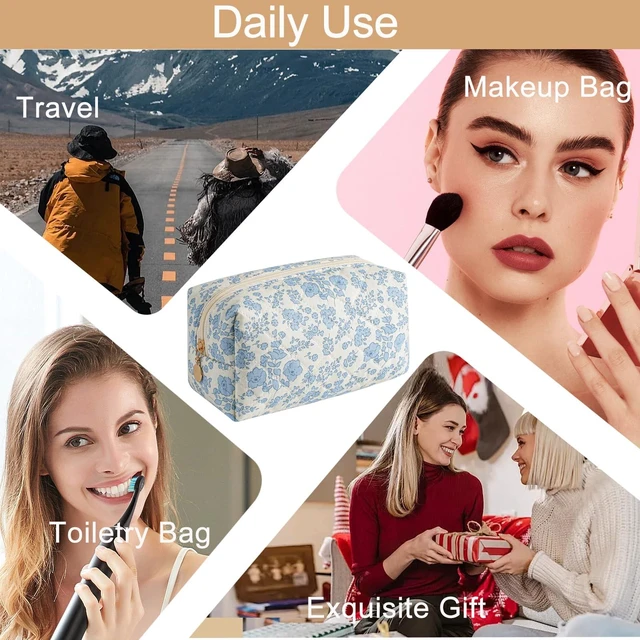 Alt view image 6 of 7 - Makeup Bag Travel Cosmetic Bag for Women Girls, Zipper Make Up Pouch, Floral Flowers Toiletry Organizer Makeup, Portable Storage Cosmetic Travel Cloth Bag (Blue Floral)