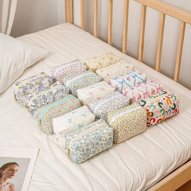 Alt view image 6 of 7 - Cute Floral Makeup Bag, Blue Floral | Small, Cotton Quilted, Aesthetic Essential Bag, Emergency Bag, Gift for Women Girls Travel Accessories