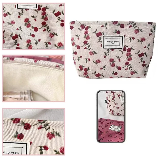 Alt view image 7 of 7 - Cosmetic Bags for Women, Large Floral Makeup Bag for Purse, Dark Red Rose | Travel Toiletry Zipper Canvas Pouch, Bag Organizer for Travel Essentials, Make Up Brushes Storage, Purse Organizer Pouches