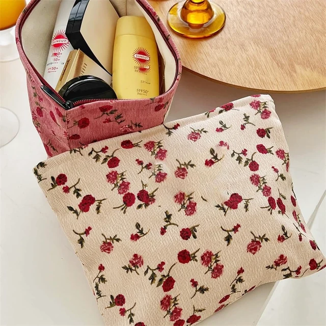 Alt view image 5 of 7 - Cosmetic Bags for Women, Large Floral Makeup Bag for Purse, Dark Red Rose | Travel Toiletry Zipper Canvas Pouch, Bag Organizer for Travel Essentials, Make Up Brushes Storage, Purse Organizer Pouches