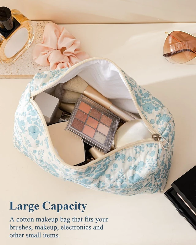 Alt view image 2 of 7 - Initial Makeup Bag for Women Personalized Quilted Cosmetic Bag | Flowers Travel Makeup Bag Organizer Teen Girl Gifts Trendy Stuff, Makeup Pouch for Skincare, Brushes & Travel Essentials