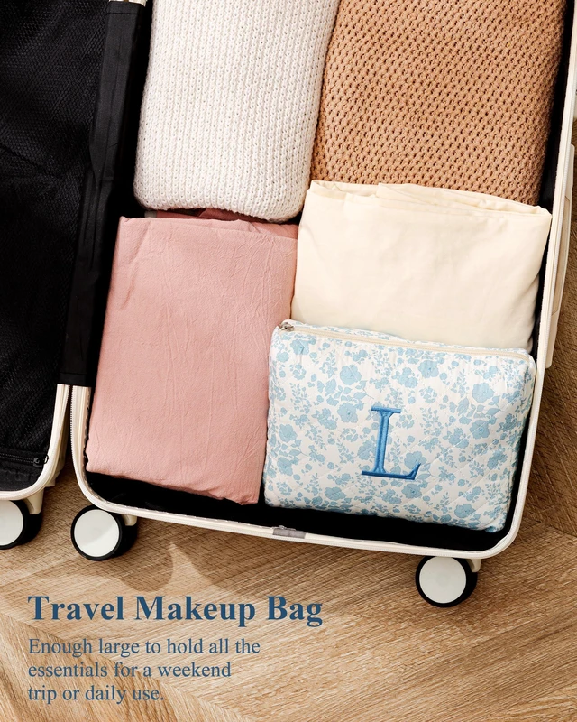 Alt view image 3 of 7 - Initial Makeup Bag for Women Personalized Quilted Cosmetic Bag | Flowers Travel Makeup Bag Organizer Teen Girl Gifts Trendy Stuff, Makeup Pouch for Skincare, Brushes & Travel Essentials