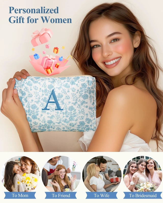 Alt view image 4 of 7 - Initial Makeup Bag for Women Personalized Quilted Cosmetic Bag | Flowers Travel Makeup Bag Organizer Teen Girl Gifts Trendy Stuff, Makeup Pouch for Skincare, Brushes & Travel Essentials