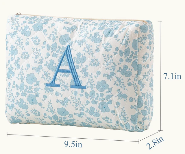 Alt view image 6 of 7 - Initial Makeup Bag for Women Personalized Quilted Cosmetic Bag | Flowers Travel Makeup Bag Organizer Teen Girl Gifts Trendy Stuff, Makeup Pouch for Skincare, Brushes & Travel Essentials