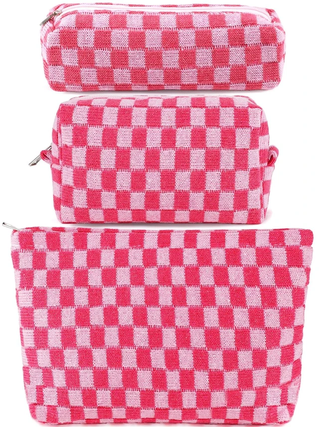 Main image of 3Pcs Makeup Bag Checkered Cosmetic Bag Set Travel Toiletry Bags for Purse Large Small Makeup Pouch for Women Cute Preppy Pencil Pouch Case Pink Zipper Skincare Bags
