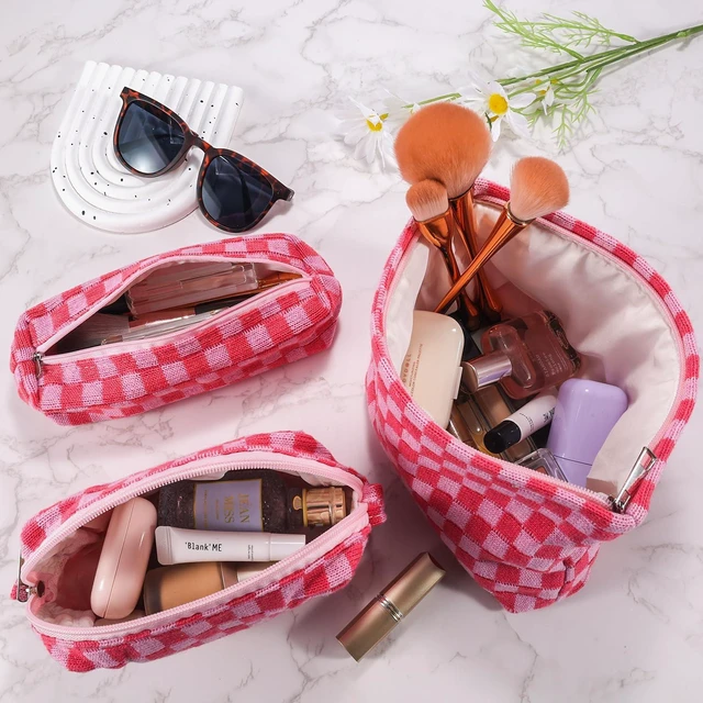 Alt view image 2 of 7 - 3Pcs Makeup Bag Checkered Cosmetic Bag Set Travel Toiletry Bags for Purse Large Small Makeup Pouch for Women Cute Preppy Pencil Pouch Case Pink Zipper Skincare Bags