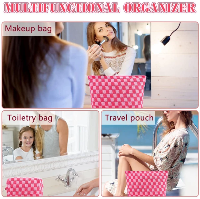 Alt view image 3 of 7 - 3Pcs Makeup Bag Checkered Cosmetic Bag Set Travel Toiletry Bags for Purse Large Small Makeup Pouch for Women Cute Preppy Pencil Pouch Case Pink Zipper Skincare Bags