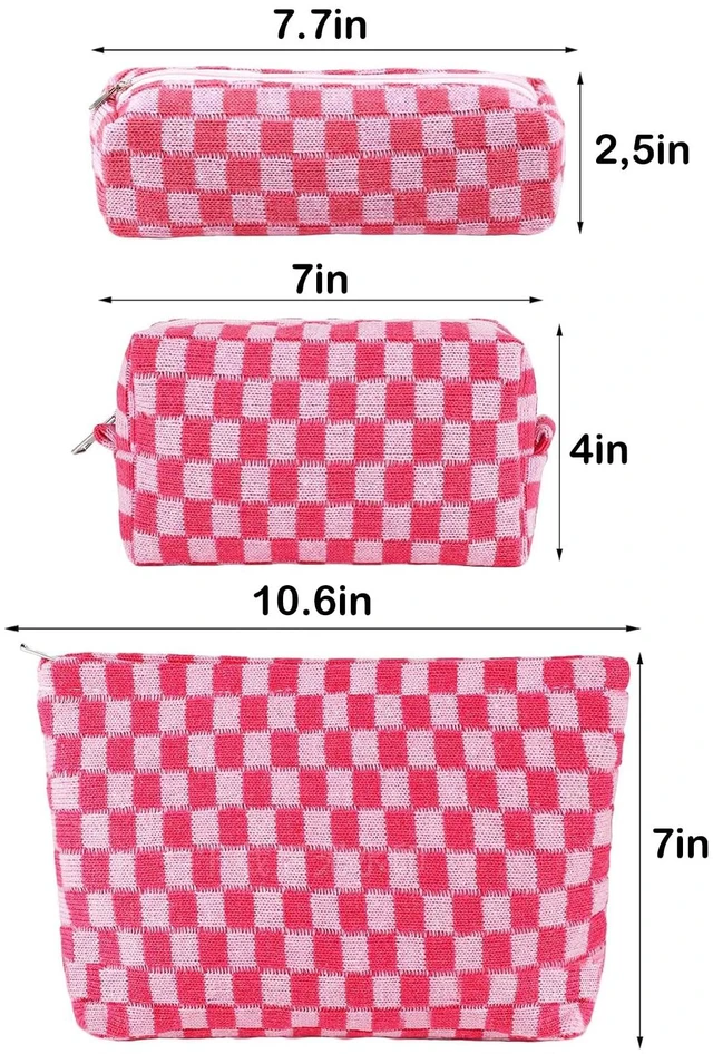 Alt view image 4 of 7 - 3Pcs Makeup Bag Checkered Cosmetic Bag Set Travel Toiletry Bags for Purse Large Small Makeup Pouch for Women Cute Preppy Pencil Pouch Case Pink Zipper Skincare Bags