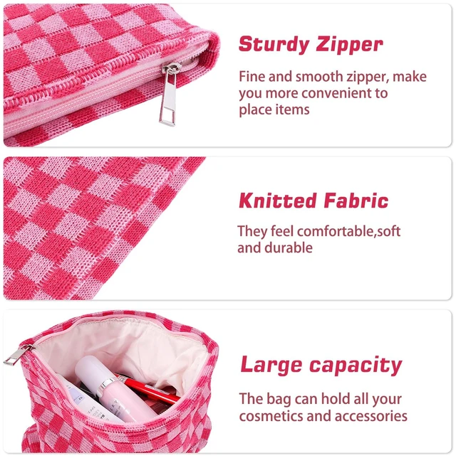 Alt view image 5 of 7 - 3Pcs Makeup Bag Checkered Cosmetic Bag Set Travel Toiletry Bags for Purse Large Small Makeup Pouch for Women Cute Preppy Pencil Pouch Case Pink Zipper Skincare Bags