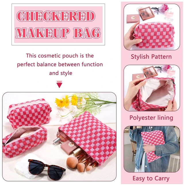 Alt view image 6 of 7 - 3Pcs Makeup Bag Checkered Cosmetic Bag Set Travel Toiletry Bags for Purse Large Small Makeup Pouch for Women Cute Preppy Pencil Pouch Case Pink Zipper Skincare Bags
