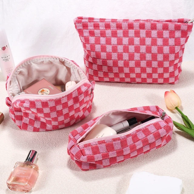 Alt view image 7 of 7 - 3Pcs Makeup Bag Checkered Cosmetic Bag Set Travel Toiletry Bags for Purse Large Small Makeup Pouch for Women Cute Preppy Pencil Pouch Case Pink Zipper Skincare Bags