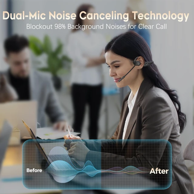 Alt view image 2 of 7 - Open Ear Headphones with Mic, Bluetooth Headset with AI Noise Canceling Microphone, Comfort Air Conduction Headphones Wireless Headset for Office Work Call Meeting Driving Sports