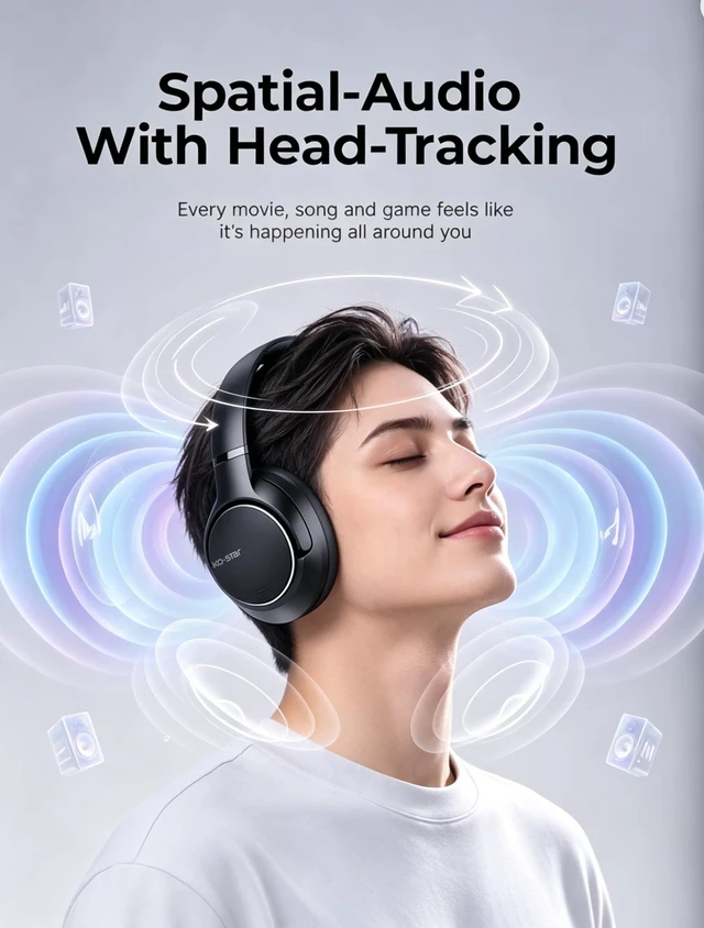 Alt view image 3 of 7 - Wireless Noise Cancelling Over Ear Headphones, HiFi Stereo Headsets | Hi-Res Audio, Bluetooth 6.0, 60H Playtime, ANC, Spatial Audio, Head-tracking, Foldable, App, Travel, Work, Home, Gaming