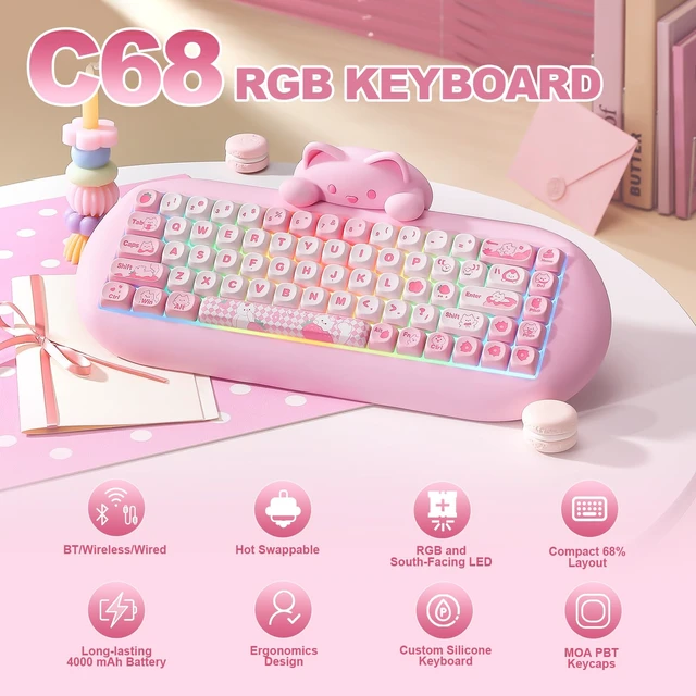 Alt view image 2 of 7 - C68 Silicone Cute Cat Mechanical Keyboard (Pink, Milk Switch) | Wireless Triple Mode BT5.0/2.4G/Wired, RGB Backlit NKRO, Cute Cat Silicone Ergonomic Design for Win/Mac