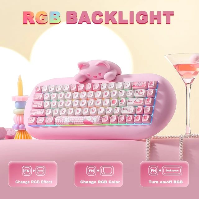 Alt view image 4 of 7 - C68 Silicone Cute Cat Mechanical Keyboard (Pink, Milk Switch) | Wireless Triple Mode BT5.0/2.4G/Wired, RGB Backlit NKRO, Cute Cat Silicone Ergonomic Design for Win/Mac