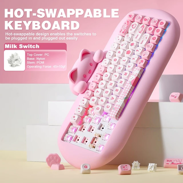 Alt view image 6 of 7 - C68 Silicone Cute Cat Mechanical Keyboard (Pink, Milk Switch) | Wireless Triple Mode BT5.0/2.4G/Wired, RGB Backlit NKRO, Cute Cat Silicone Ergonomic Design for Win/Mac