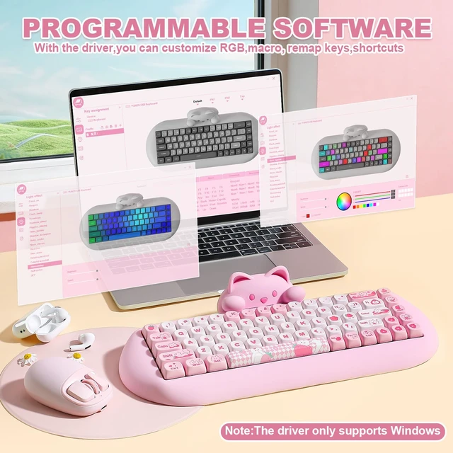 Alt view image 7 of 7 - C68 Silicone Cute Cat Mechanical Keyboard (Pink, Milk Switch) | Wireless Triple Mode BT5.0/2.4G/Wired, RGB Backlit NKRO, Cute Cat Silicone Ergonomic Design for Win/Mac