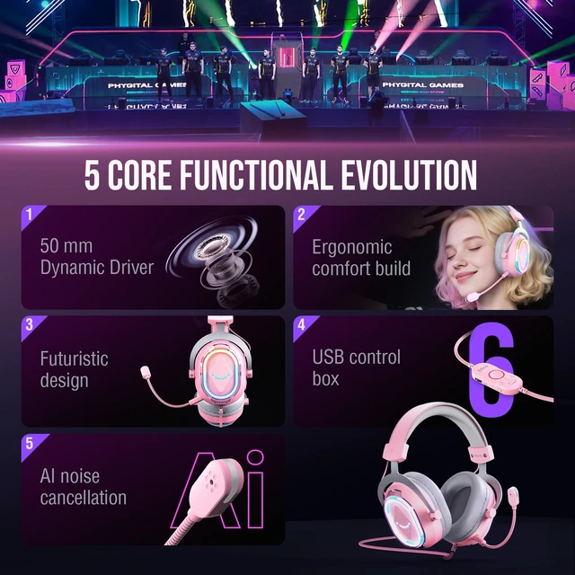 Alt view image 2 of 7 - AmpliGame H13P Wired RGB Gaming Headset for PC, Mac, PS4, PS5 | 50mm Drivers, 7.1 Surround Sound, Solid Metal Frame, AI Noise Canceling Mic, Game/chat Balance, for gaming/streaming