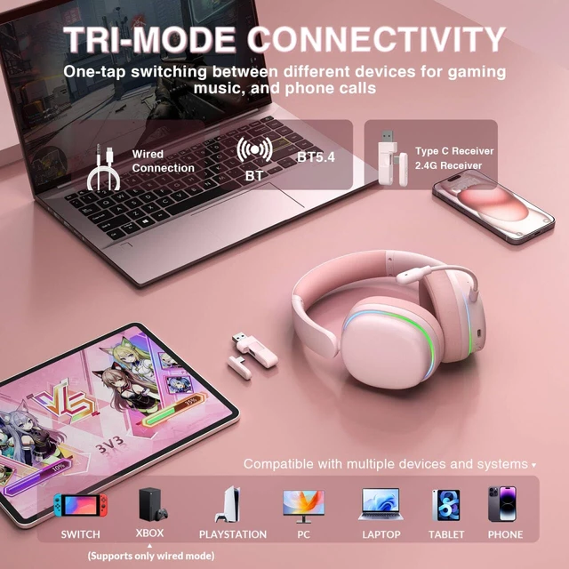 Alt view image 3 of 7 - G7 Pro Wireless Gaming Headset with 7.1 Surround Sound, 40mm Driver,BT5.3 Gaming Headphones with Mic, RGB, 10ms Latency, 65H Battery,Pink Gaming Headset for PS5,PS4, Switch,PC,Wired Mode for Xbox