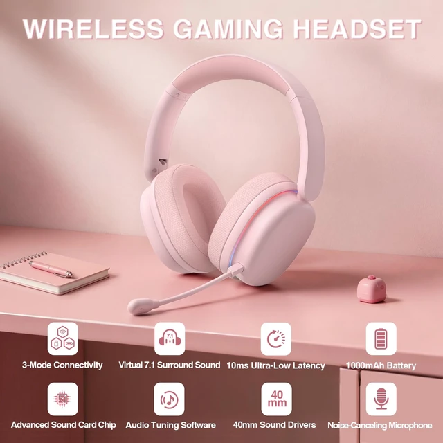 Alt view image 2 of 7 - G7 Pro Wireless Gaming Headset with 7.1 Surround Sound, 40mm Driver,BT5.3 Gaming Headphones with Mic, RGB, 10ms Latency, 65H Battery,Pink Gaming Headset for PS5,PS4, Switch,PC,Wired Mode for Xbox