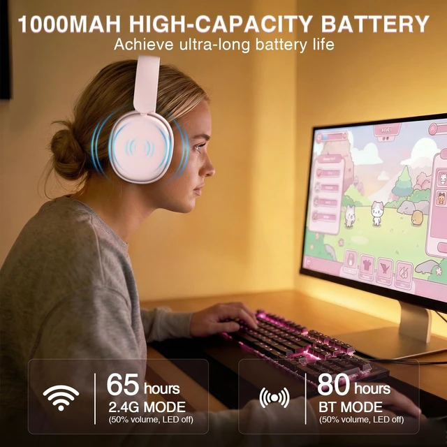 Alt view image 6 of 7 - G7 Pro Wireless Gaming Headset with 7.1 Surround Sound, 40mm Driver,BT5.3 Gaming Headphones with Mic, RGB, 10ms Latency, 65H Battery,Pink Gaming Headset for PS5,PS4, Switch,PC,Wired Mode for Xbox