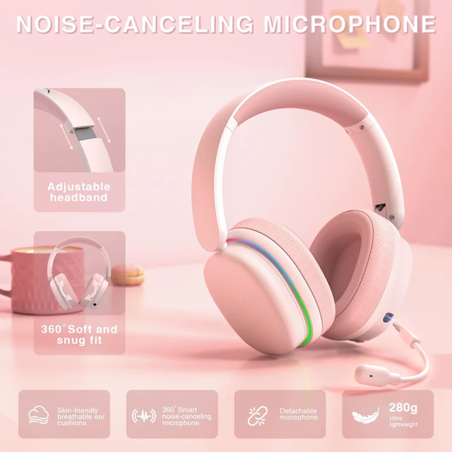 Alt view image 7 of 7 - G7 Pro Wireless Gaming Headset with 7.1 Surround Sound, 40mm Driver,BT5.3 Gaming Headphones with Mic, RGB, 10ms Latency, 65H Battery,Pink Gaming Headset for PS5,PS4, Switch,PC,Wired Mode for Xbox