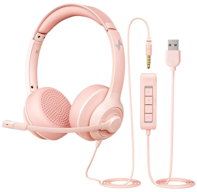 Main image of USB Headset with Microphone for PC, On-Ear Computer Laptop Headphones with Noise Cancelling Mic in-line Control for Home Office Online Class Zoom (USB+3.5mm, Pink)