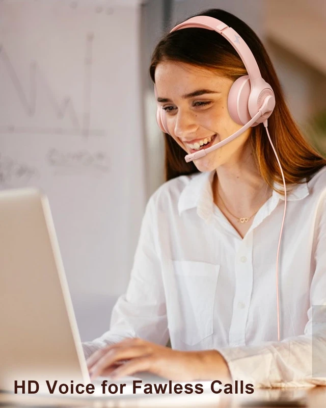 Alt view image 6 of 6 - USB Headset with Microphone for PC, On-Ear Computer Laptop Headphones with Noise Cancelling Mic in-line Control for Home Office Online Class Zoom (USB+3.5mm, Pink)