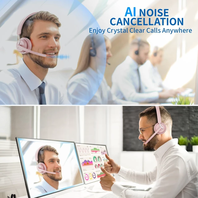 Alt view image 2 of 5 - Wireless Headset with Mic for Work, Bluetooth Headphone with AI Noise Cancelling Mic for Clear Calls, Bluetooth 5.3 & 2.4G Dongle, Computer Headset for Call Center/PC/Zoom(Pink