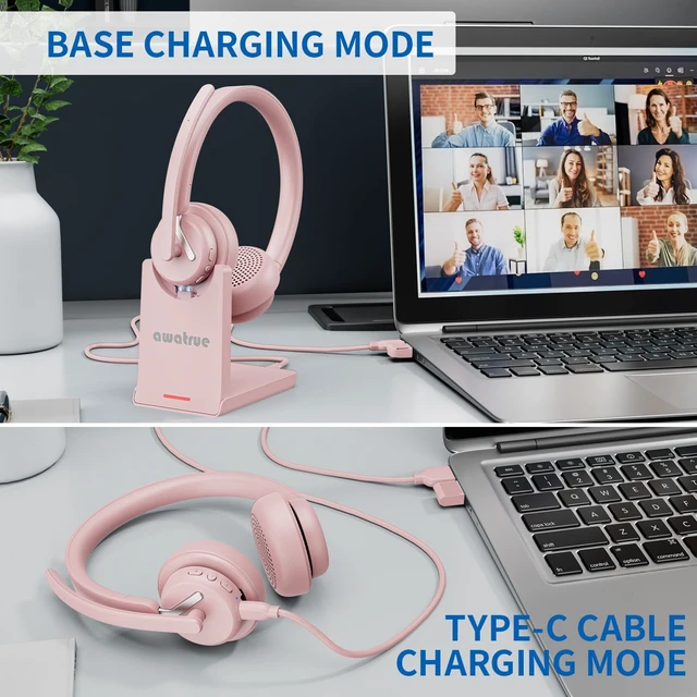 Alt view image 5 of 5 - Wireless Headset with Mic for Work, Bluetooth Headphone with AI Noise Cancelling Mic for Clear Calls, Bluetooth 5.3 & 2.4G Dongle, Computer Headset for Call Center/PC/Zoom(Pink