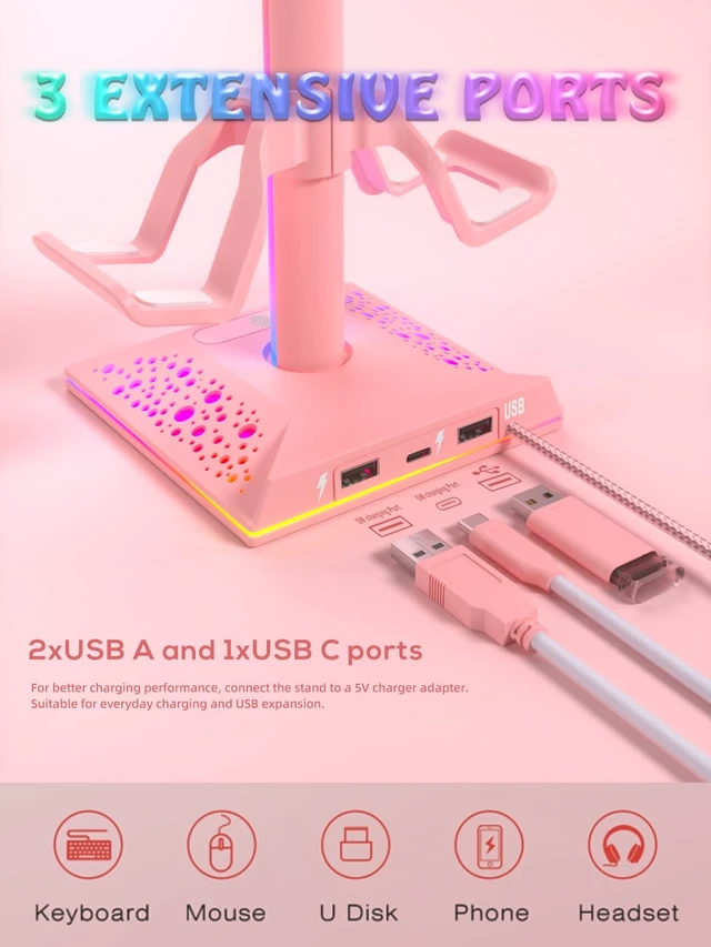 Alt view image 3 of 7 - RGB Gaming Headphones Stand with 2 USB Ports, Pink Headset Stand with 10 Light Modes and Non-Slip Rubber, Suitable for PC Desk Accessories Gamers Gift(Pink)