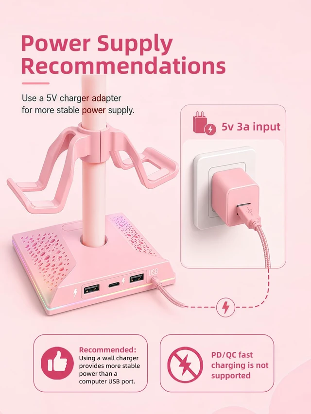 Alt view image 4 of 7 - RGB Gaming Headphones Stand with 2 USB Ports, Pink Headset Stand with 10 Light Modes and Non-Slip Rubber, Suitable for PC Desk Accessories Gamers Gift(Pink)