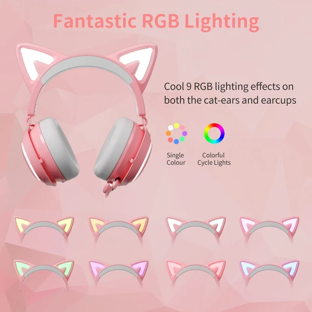 Alt view image 2 of 6 - Pink Gaming Headset GS510, Wired, Over Ear, Cat Ear Design with RGB Lighting, 7.1 Surround Sound, Retractable Mic, Compatible with PC, PS4, PS5