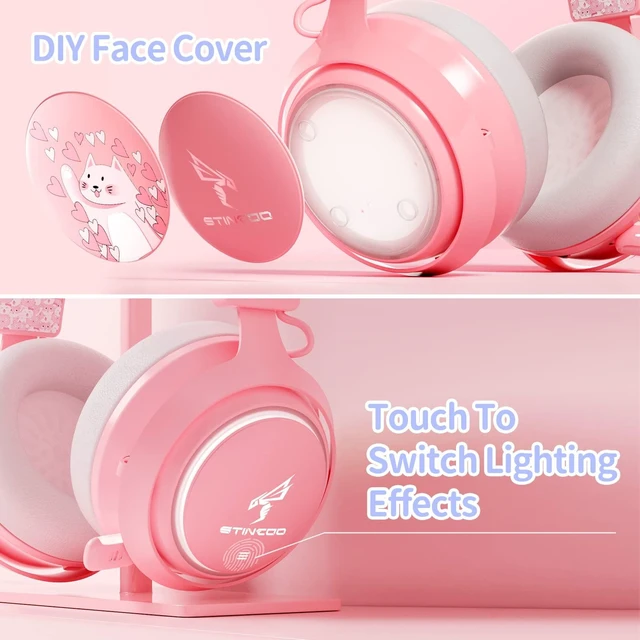 Alt view image 3 of 6 - Pink Gaming Headset GS510, Wired, Over Ear, Cat Ear Design with RGB Lighting, 7.1 Surround Sound, Retractable Mic, Compatible with PC, PS4, PS5