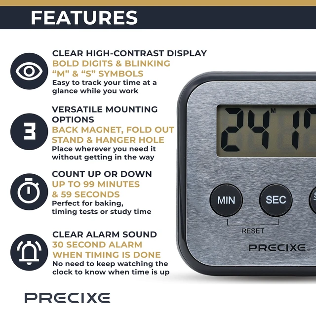 Alt view image 2 of 7 - Compact Stainless Steel Digital Timer | High-Contrast LCD Display | Countdown and Countup for Kitchen, Study, or Classroom | Magnet and Stand
