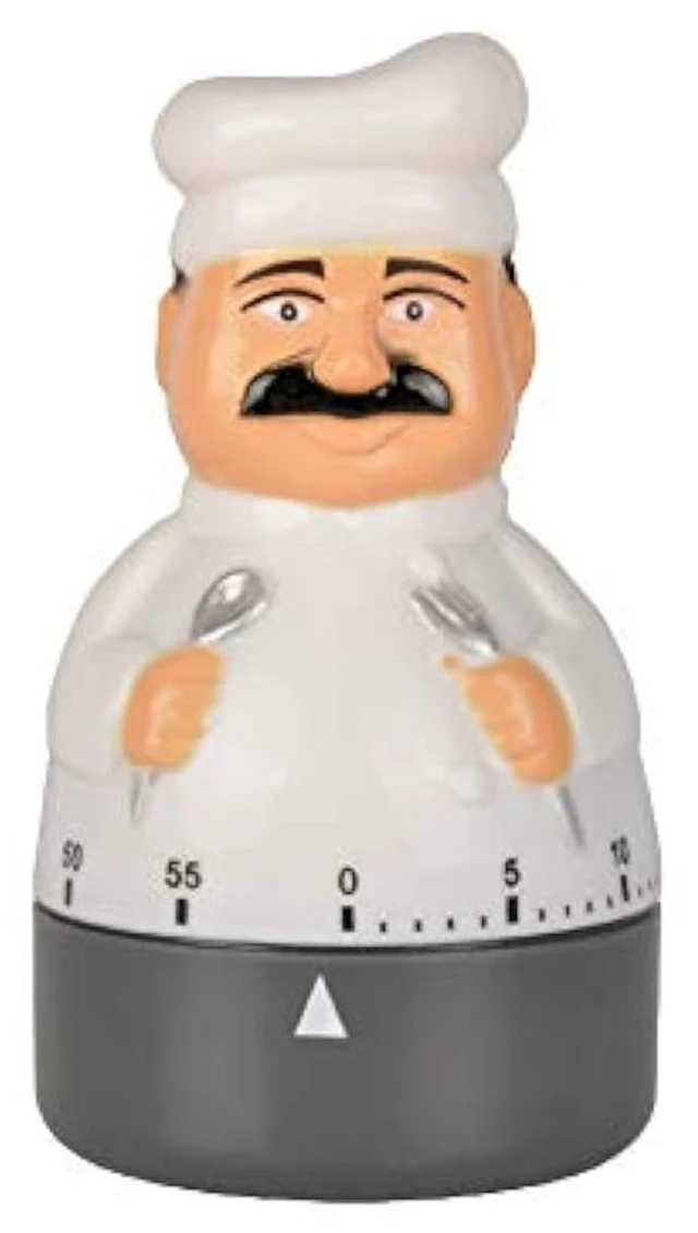 Main image of Chef Kitchen Timer, 60-Minute Mechanical Wind-Up Countdown Timer | Figure in white coat and hat, battery-free rotary dial, marked scale, end bell, baking, pasta, tea, coffee, meal prep