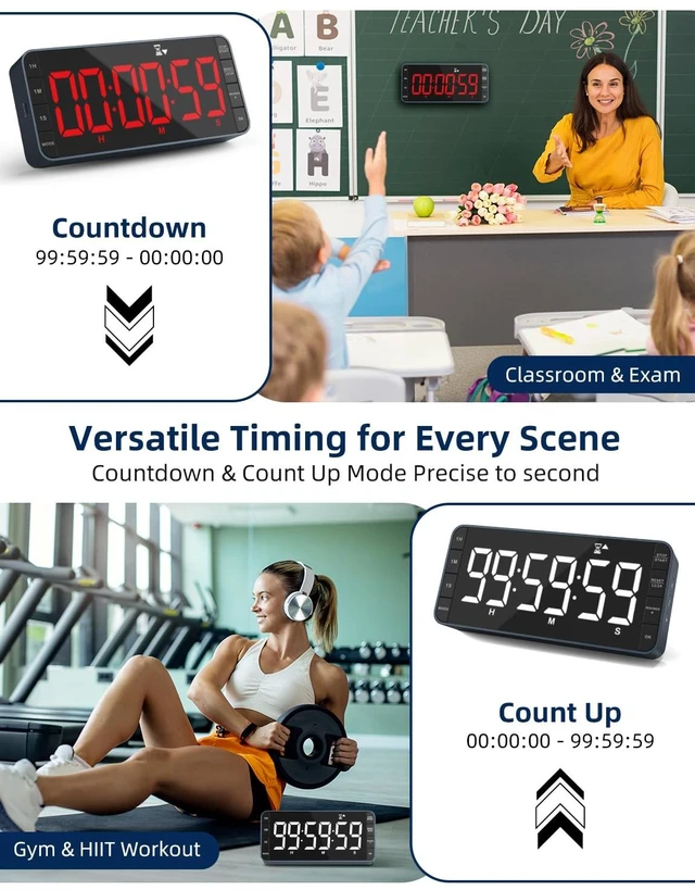 Alt view image 3 of 7 - Large 7.8" Digital Timer with LED Display, Magnetic for Kitchen & Classroom | USB-C Rechargeable Timer with 99-Hour Count Up & Countdown, 3 Brightness Levels, 5 Alarm Sounds, 4 Volume Levels for Study