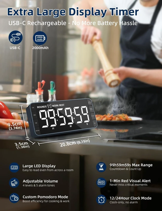 Alt view image 2 of 7 - Large 7.8" Digital Timer with LED Display, Magnetic for Kitchen & Classroom | USB-C Rechargeable Timer with 99-Hour Count Up & Countdown, 3 Brightness Levels, 5 Alarm Sounds, 4 Volume Levels for Study