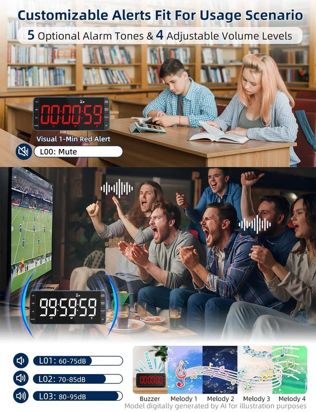 Alt view image 4 of 7 - Large 7.8" Digital Timer with LED Display, Magnetic for Kitchen & Classroom | USB-C Rechargeable Timer with 99-Hour Count Up & Countdown, 3 Brightness Levels, 5 Alarm Sounds, 4 Volume Levels for Study