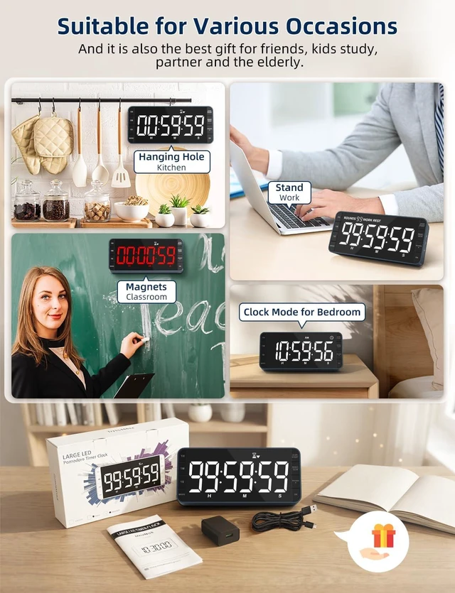 Alt view image 7 of 7 - Large 7.8" Digital Timer with LED Display, Magnetic for Kitchen & Classroom | USB-C Rechargeable Timer with 99-Hour Count Up & Countdown, 3 Brightness Levels, 5 Alarm Sounds, 4 Volume Levels for Study