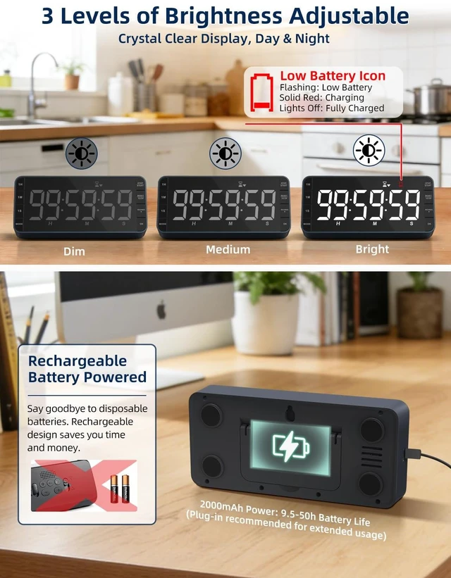 Alt view image 5 of 7 - Large 7.8" Digital Timer with LED Display, Magnetic for Kitchen & Classroom | USB-C Rechargeable Timer with 99-Hour Count Up & Countdown, 3 Brightness Levels, 5 Alarm Sounds, 4 Volume Levels for Study