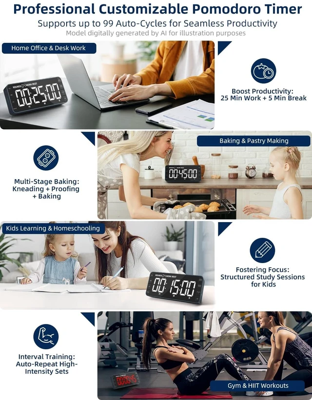 Alt view image 6 of 7 - Large 7.8" Digital Timer with LED Display, Magnetic for Kitchen & Classroom | USB-C Rechargeable Timer with 99-Hour Count Up & Countdown, 3 Brightness Levels, 5 Alarm Sounds, 4 Volume Levels for Study