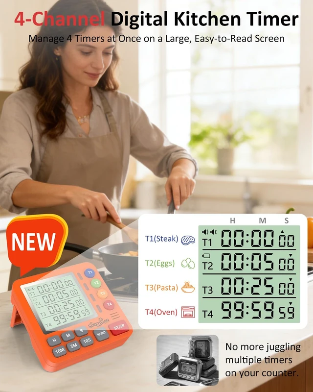 Alt view image 2 of 7 - Digital Kitchen Timer with 4 Channel, Loud Alarm and Silent Mode | Magnetic Cooking Timer with Count Up & Countdown for Kids and Seniors, Large Display to Read, Auto Memory, Battery Included