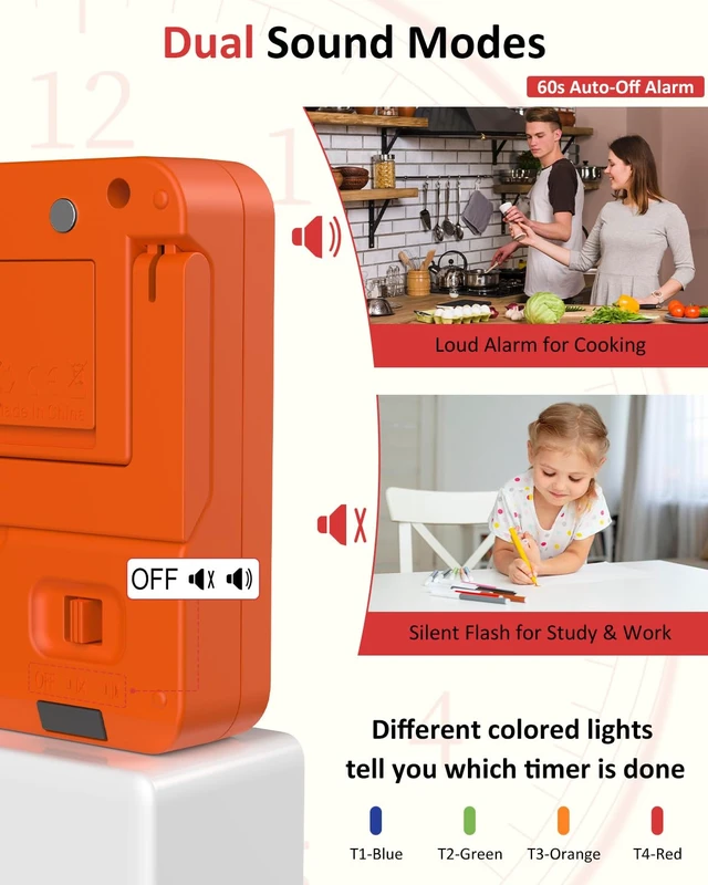 Alt view image 5 of 7 - Digital Kitchen Timer with 4 Channel, Loud Alarm and Silent Mode | Magnetic Cooking Timer with Count Up & Countdown for Kids and Seniors, Large Display to Read, Auto Memory, Battery Included