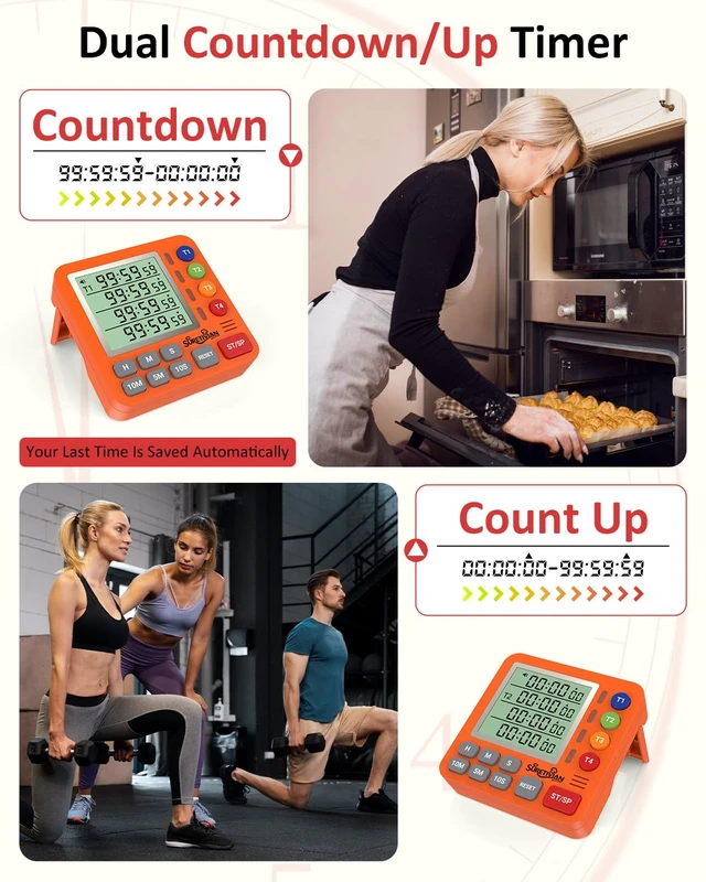 Alt view image 6 of 7 - Digital Kitchen Timer with 4 Channel, Loud Alarm and Silent Mode | Magnetic Cooking Timer with Count Up & Countdown for Kids and Seniors, Large Display to Read, Auto Memory, Battery Included